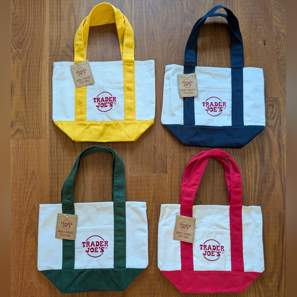 Trader Joe's Festive Tote Bag Collection - Red, Yellow, Green, Blue, Set Of 4